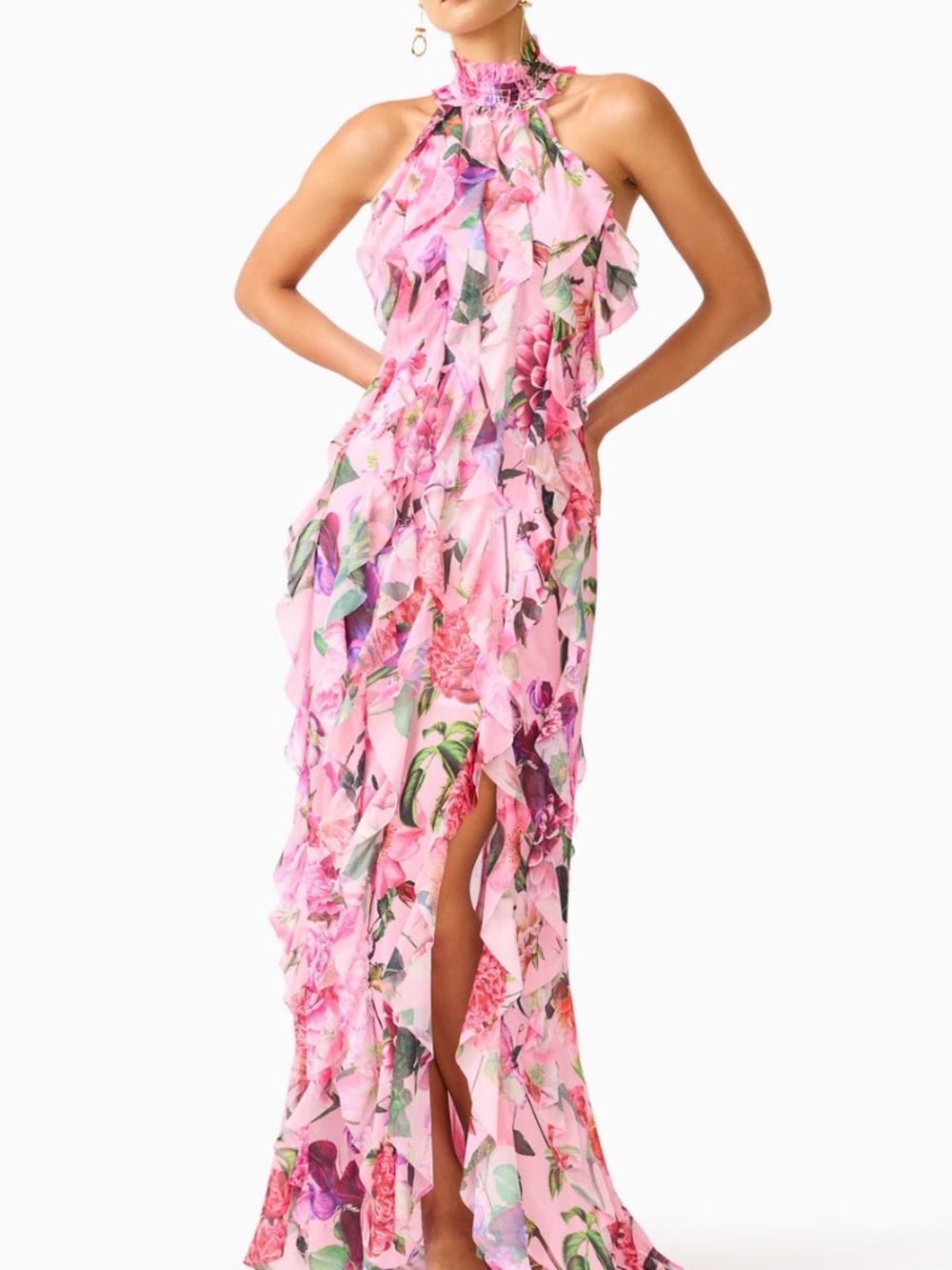 Elliatt Solene Halter Gown Pink Floral Ruffle Maxi Dress - SMALL